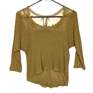 Mind Code Boho Gold Lace Floral Half Sleeve Knit Blouse Size Small